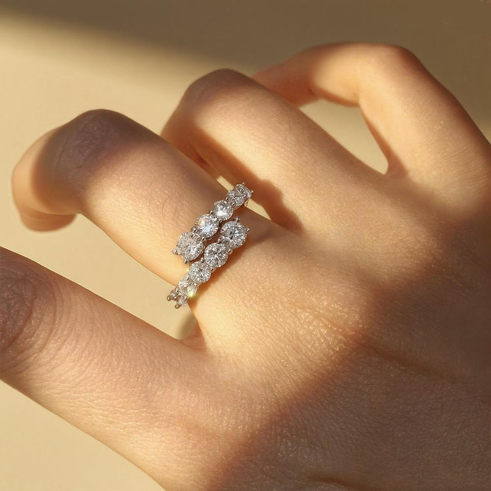 Moissanite cluster band ring - side angle showing crossover setting
