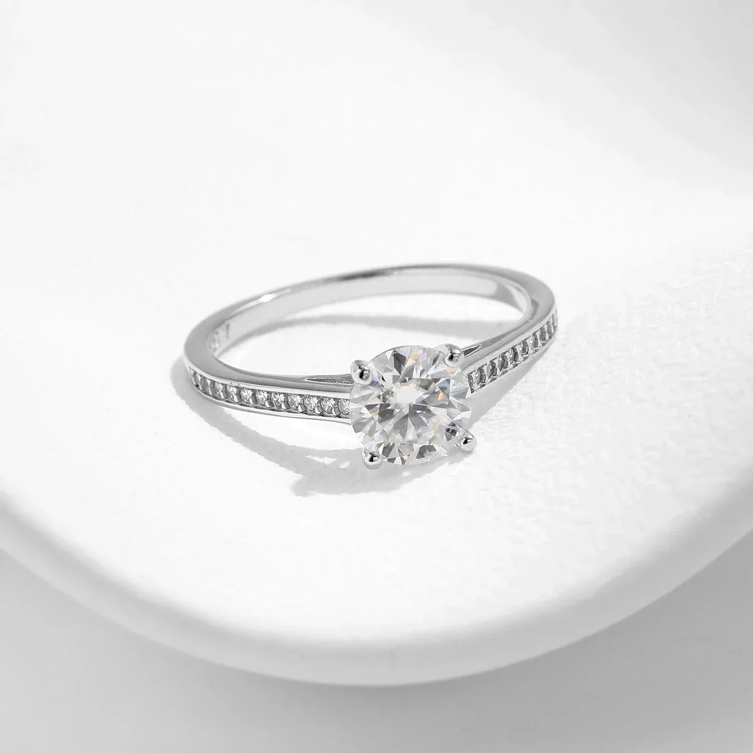 Moissanite lunaria ring - side view showing statement design detail
