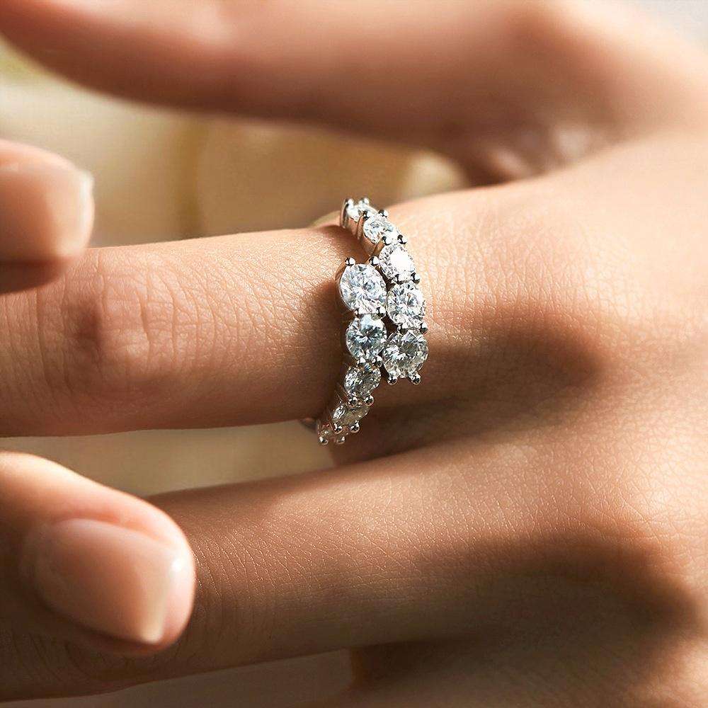 Sterling silver moissanite cluster band - close-up of brilliant stones
