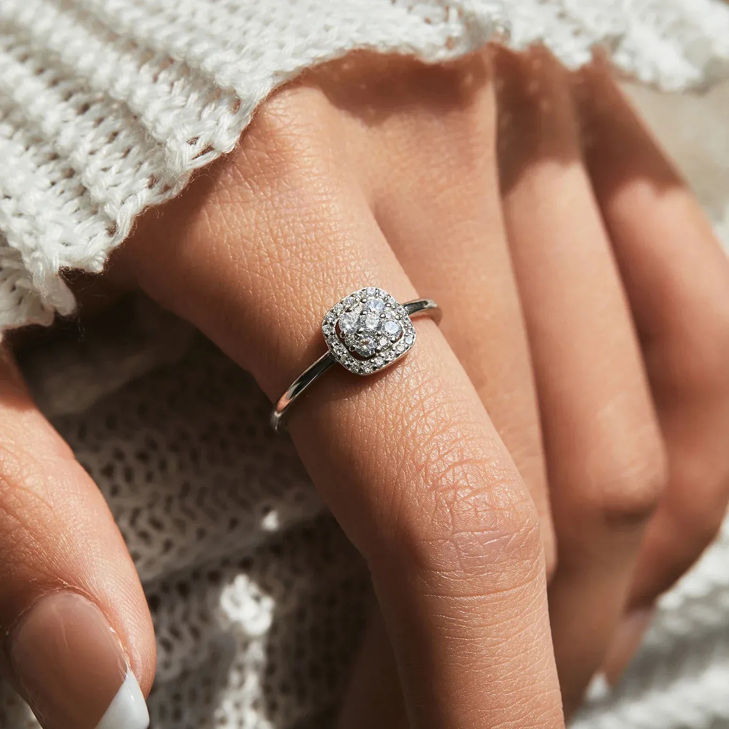 Sterling silver moissanite pave ring - close-up of brilliant stones